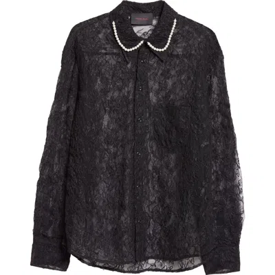 Simone Rocha Imitation Pearl Trim Sheer Floral Lace Button-up Shirt In Black/pearl