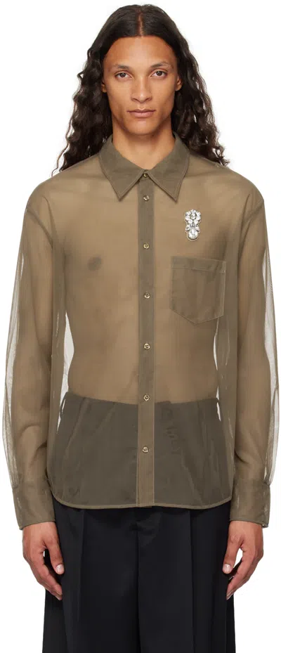Simone Rocha Khaki Sheer Embellished Shirt In Olive/clear
