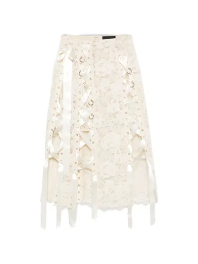Simone Rocha Unraveling Ribbon Ring Asymmetric Embellished Lace And Satin Midi Skirt In Neutral