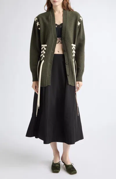 Simone Rocha Lace-up Merino Wool Blend Cardigan In Green