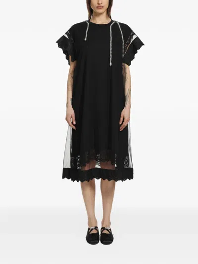 Simone Rocha Layered Liquid Lace Trim Smock Dress With Embroidery In Black