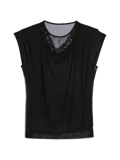 Simone Rocha Layered Liquid Cap Sleeve Lace Trim Cotton T-shirt In Black