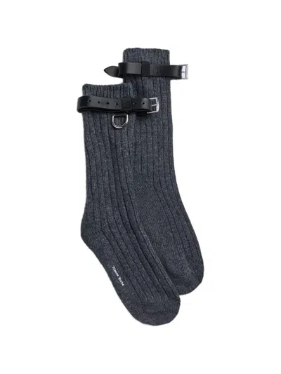 Simone Rocha Leather-strap Ribbed-knit Socks In Gray