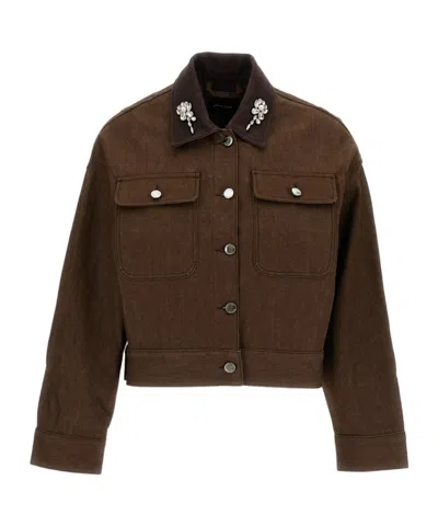 Simone Rocha Cropped Utility Pocket Workwear Jacket With Embellishments In Brown