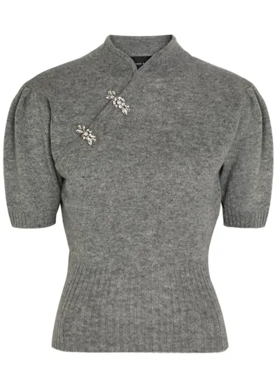 Simone Rocha Mandarin-collar Embellished Cashmere Jumper In Gray
