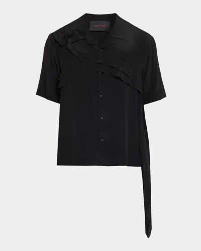 Simone Rocha Men & Apos;s Bow Ruffle Short-sleeve Shirt In Metallic