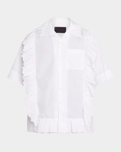 Simone Rocha Men & Apos;s Ruffled Pillowcase-trim Poplin Short-sleeve Shirt In White