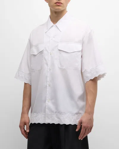 Simone Rocha Men's Broderie Anglaise Button-down Shirt In White/white