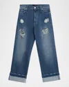 Simone Rocha Men's Distressed Straight Cuffed Jeans In Blue