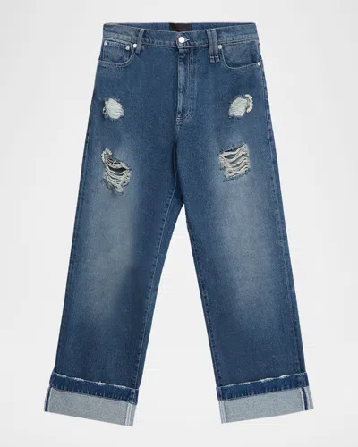 Simone Rocha Men's Distressed Straight Cuffed Jeans In Blue