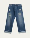 Simone Rocha Men's Distressed Straight Cuffed Jeans In Blue