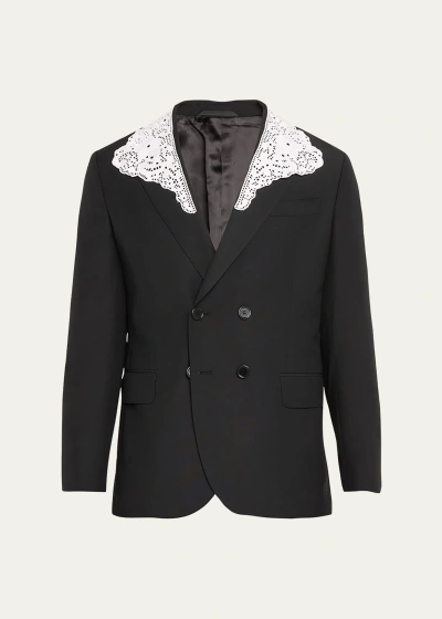 Simone Rocha Men's Double-breasted Sport Coat With Lace Collar In Blackwhite