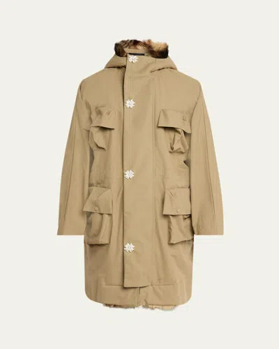 Simone Rocha Men's Multi-pocket Faux Fur-lined Parka Coat In Neutral