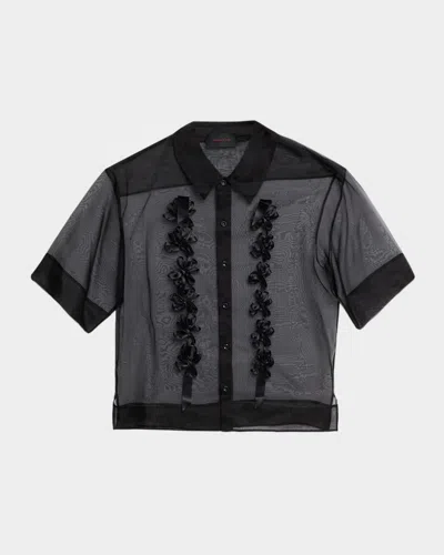 Simone Rocha Men's Ribbon Daisy Chain Sheer Boxy Shirt In Black