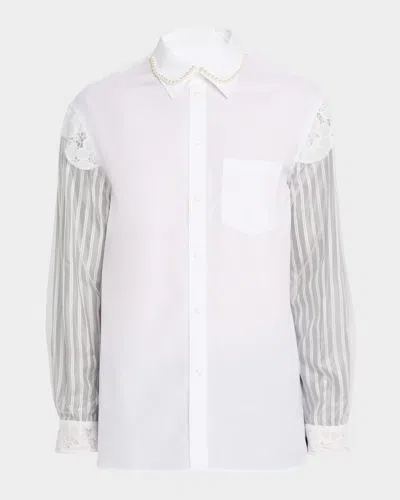 Simone Rocha Lace Trim Mixed Media Button-up Shirt In White