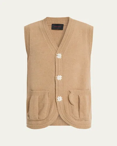 SIMONE ROCHA MEN'S VIRGIN WOOL KNIT PEARLY FLOWER-BUTTON CARDIGAN VEST