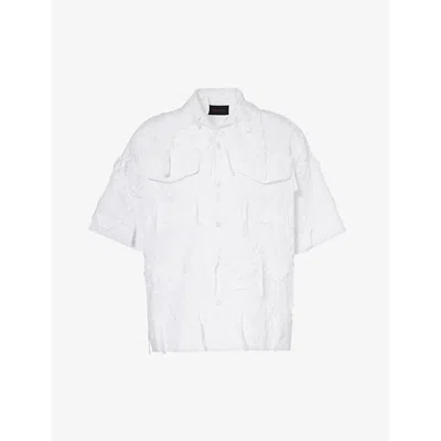Simone Rocha Mens White Bow-embellished Floral-embroidered Cotton-poplin Shirt