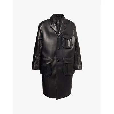 Simone Rocha Mens Black Patch-pocket Longline Leather Car Coat