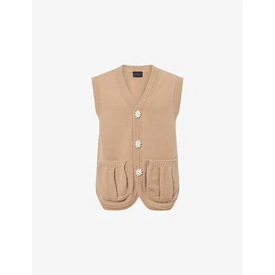 Simone Rocha Mens Camel/pearl Pearl V-neck Knitted Merino-wool Vest