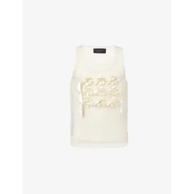 Simone Rocha Mens Ivory/ivory Ribbon Daisy Layered Silk And Ribbed Cotton Vest In White