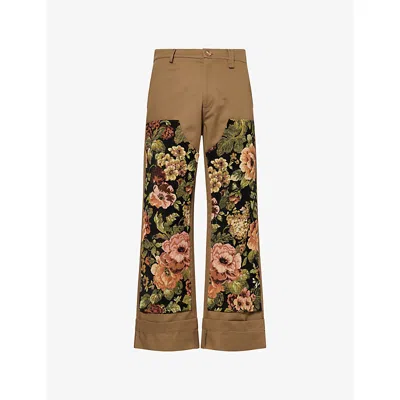 Simone Rocha Mens Patchwork Embroidered Cotton Trousers Khaki/multi