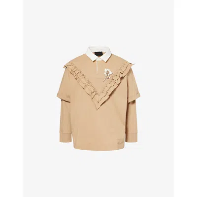Simone Rocha Mens Sand/opaque/clear Jewel-embellished Ruffled Cotton Rugby Shirt In Brown