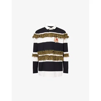 SIMONE ROCHA MENS BLACK MULTI/ROSE RUFFLES STRIPED COTTON-JERSEY RUGBY SHIRT