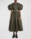 SIMONE ROCHA METALLIC CLOQUÉ PUFF-SLEEVE SCULPTED CORSET MAXI DRESS