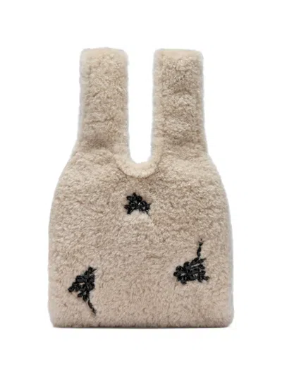 Simone Rocha Mini Crystal-embellished Faux-shearling Tote Bag In Neutral