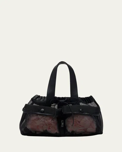 Simone Rocha Mini Sheer Stuffed Carnation Drawstring Top-handle Bag In Black