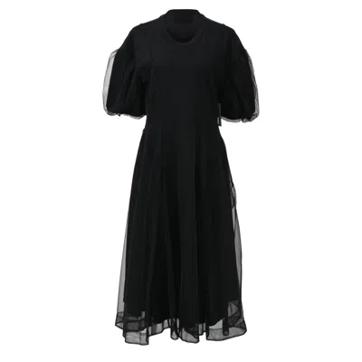 Simone Rocha N Tulle Overlay Midi Puffed Sleeve Dress In Black Cotton