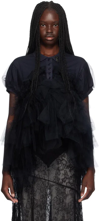 SIMONE ROCHA NAVY PUFF SLEEVE TULLE FRILL POLO