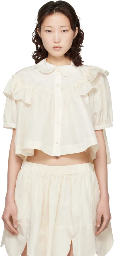 Simone Rocha Off-white Cropped Puff Sleeve Ruffle Frill Shirt In Brown