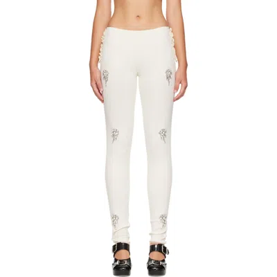 Simone Rocha Off-white Embellished Pointelle Ruffle Frill Leggings In Ecru/pearl/clear