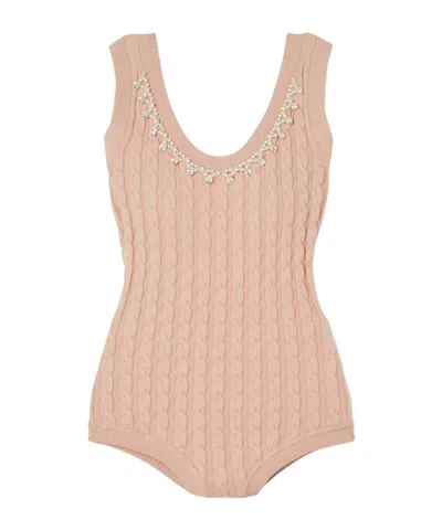 Simone Rocha Open-back Embellished Cable-knit Bodysuit In Pink