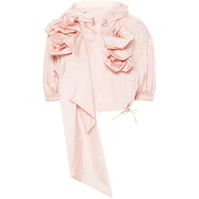 Simone Rocha Cropped Puff Sleeve Jacket W/ Turbo Pressed Roses In Rosa