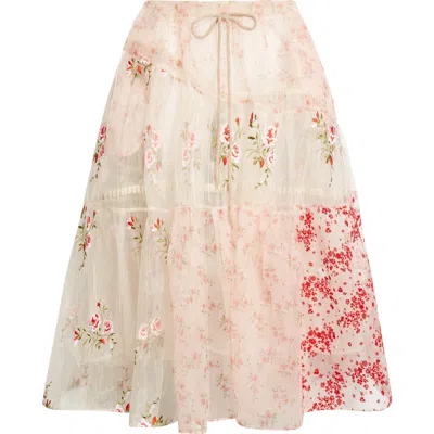 Simone Rocha Patchwork Floral Sheer Organza Midi Skirt In Pink