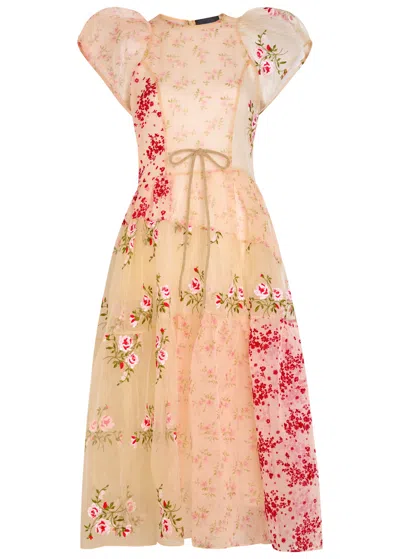 Simone Rocha Puff-sleeve Floral-pattern Midi Dress In Multi