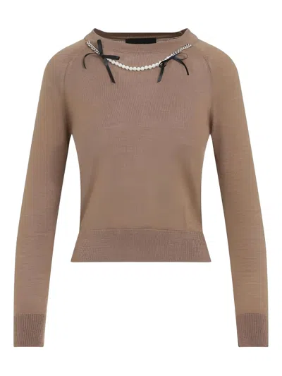 Simone Rocha Fitted Long-sleeve Sweater With Pearl Accents And Ribbon Detail In Brown