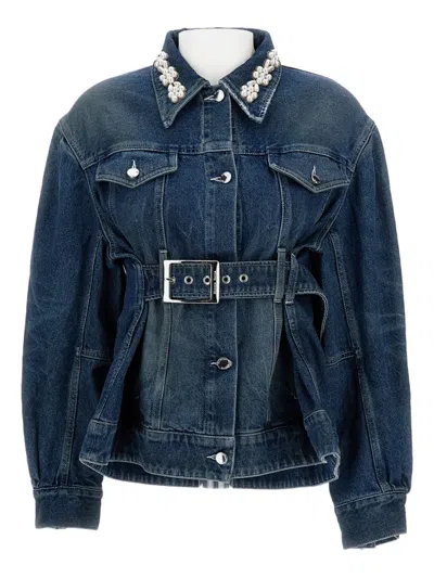 SIMONE ROCHA PEARL-EMBELLISHED BELTED DENIM JACKET