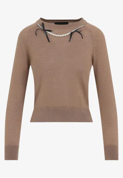 Simone Rocha Pearl-embellished Bow-detailed Knitted Sweater In Brown
