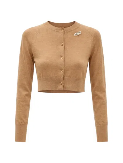 Simone Rocha Pearl-embellished Cropped Merino Cardigan In Brown