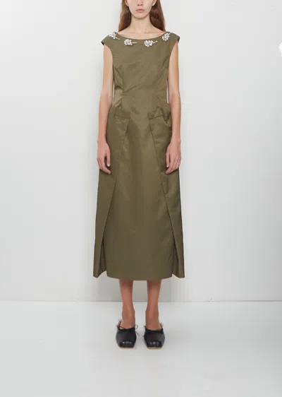 Simone Rocha Peeling Waist Portrait Dress W/ Emb In Green