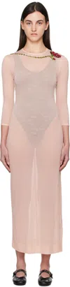 Simone Rocha Pink Fitted Ballet Mesh Column Maxi Dress In Nude/nude/red Multi
