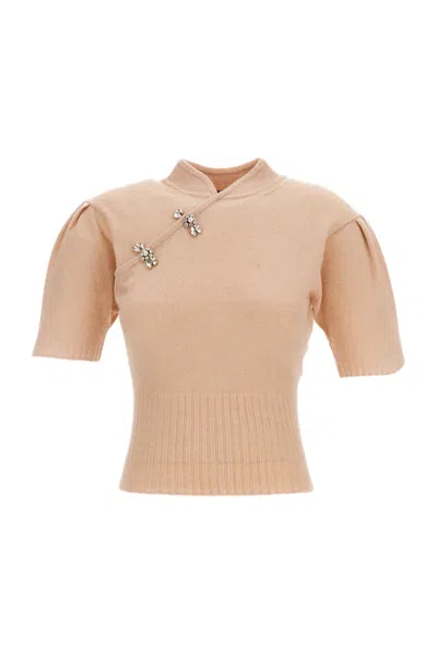 Simone Rocha Pink Mandarin Collar Puff Sleeve Cashmere Sweater In Transparent