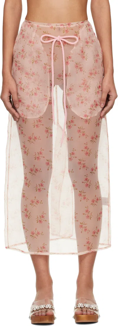 Simone Rocha Pink Sheer Frayed Column Pencil Midi Skirt