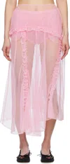 Simone Rocha Pink Sheer Ruffle Frill Multi Seam Midi Skirt In Pink
