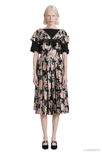 Simone Rocha Pleated Patchwork Wired Sleeve Flare Dress In Neutral