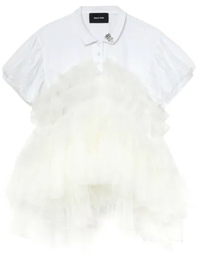 Simone Rocha 泡泡袖薄纱拼接polo衫 In White