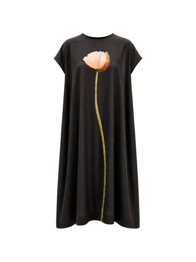 Simone Rocha Poppy-motif Smock Midi Dress In Black